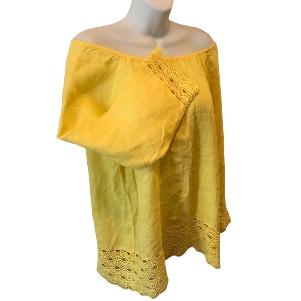 J. Crew 100% Linen Crochet Trim Off Shoulder Tunic Canary Yellow 3/4 Sleeve